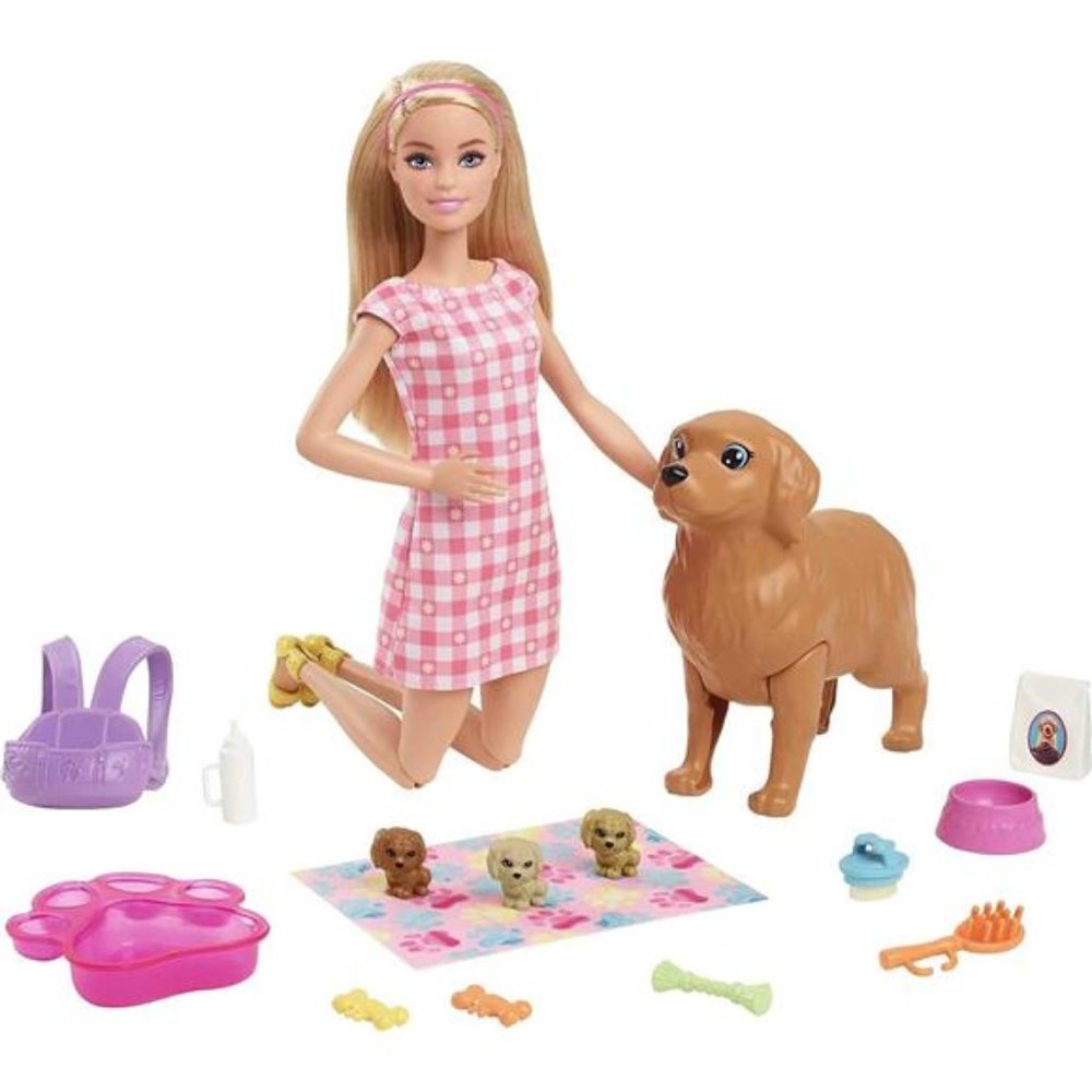 Barbie Doll and Pets, Blonde Doll with Mommy Dog, 3 Puppies Pet Accessories